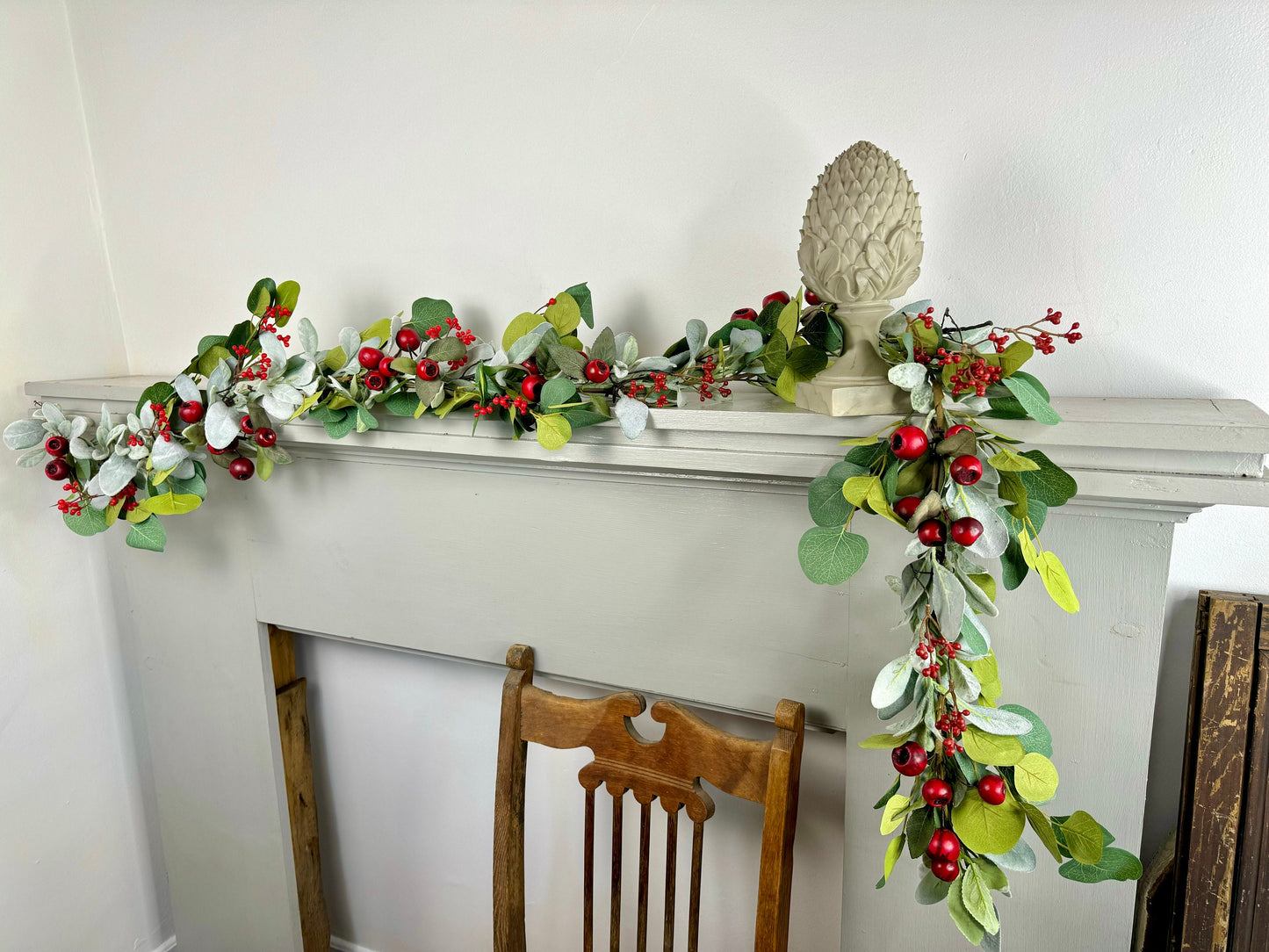 Christmas Lambs Ear Garland, Red Christmas Berry Garland, Table Garland, Kitchen Cabinets Decor, Banister Garland, Fireplace Mantle Garland