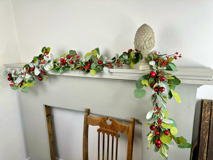 Christmas Lambs Ear Garland, Red Christmas Berry Garland, Table Garland, Kitchen Cabinets Decor, Banister Garland, Fireplace Mantle Garland