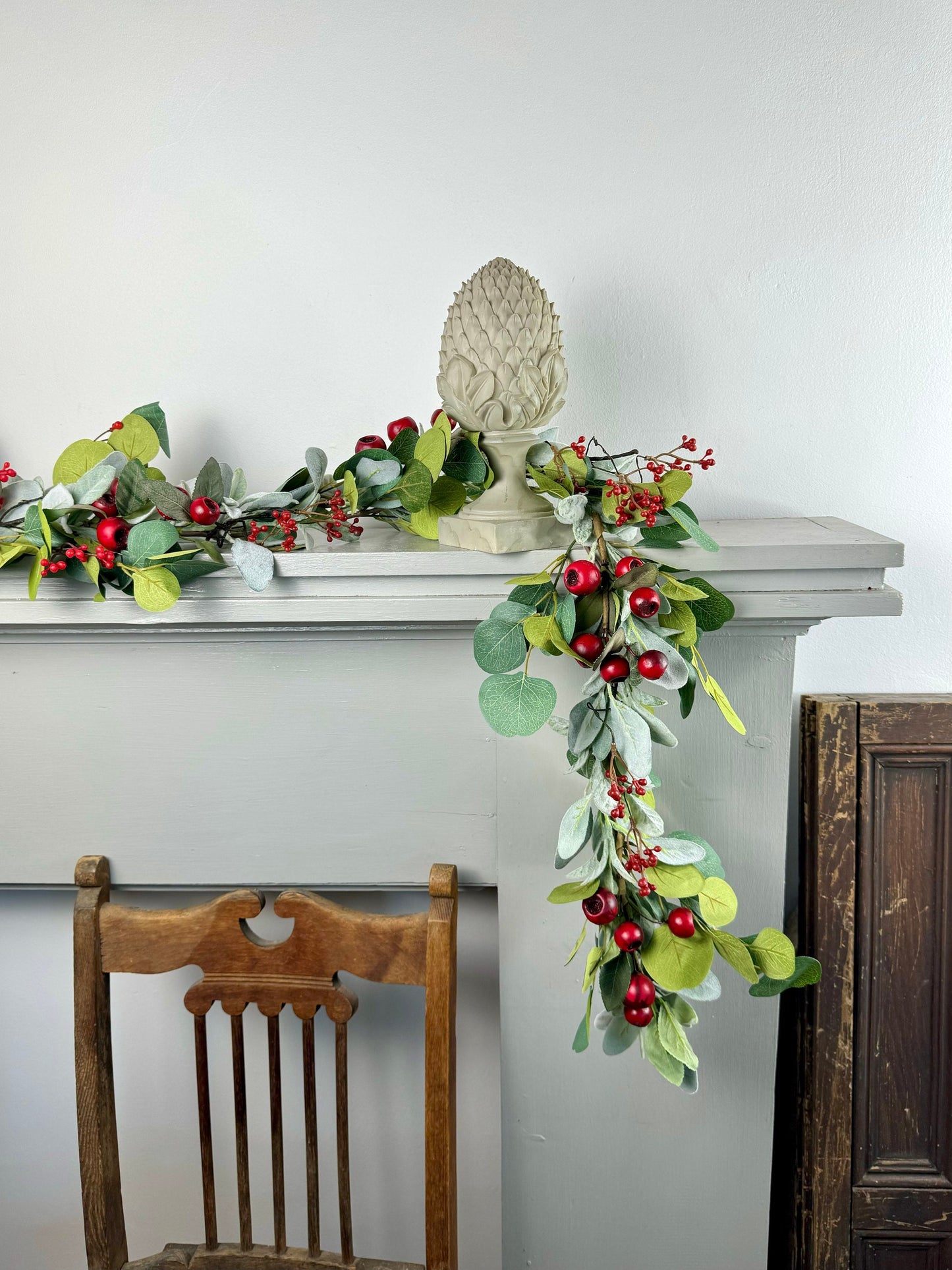 Christmas Lambs Ear Garland, Red Christmas Berry Garland, Table Garland, Kitchen Cabinets Decor, Banister Garland, Fireplace Mantle Garland