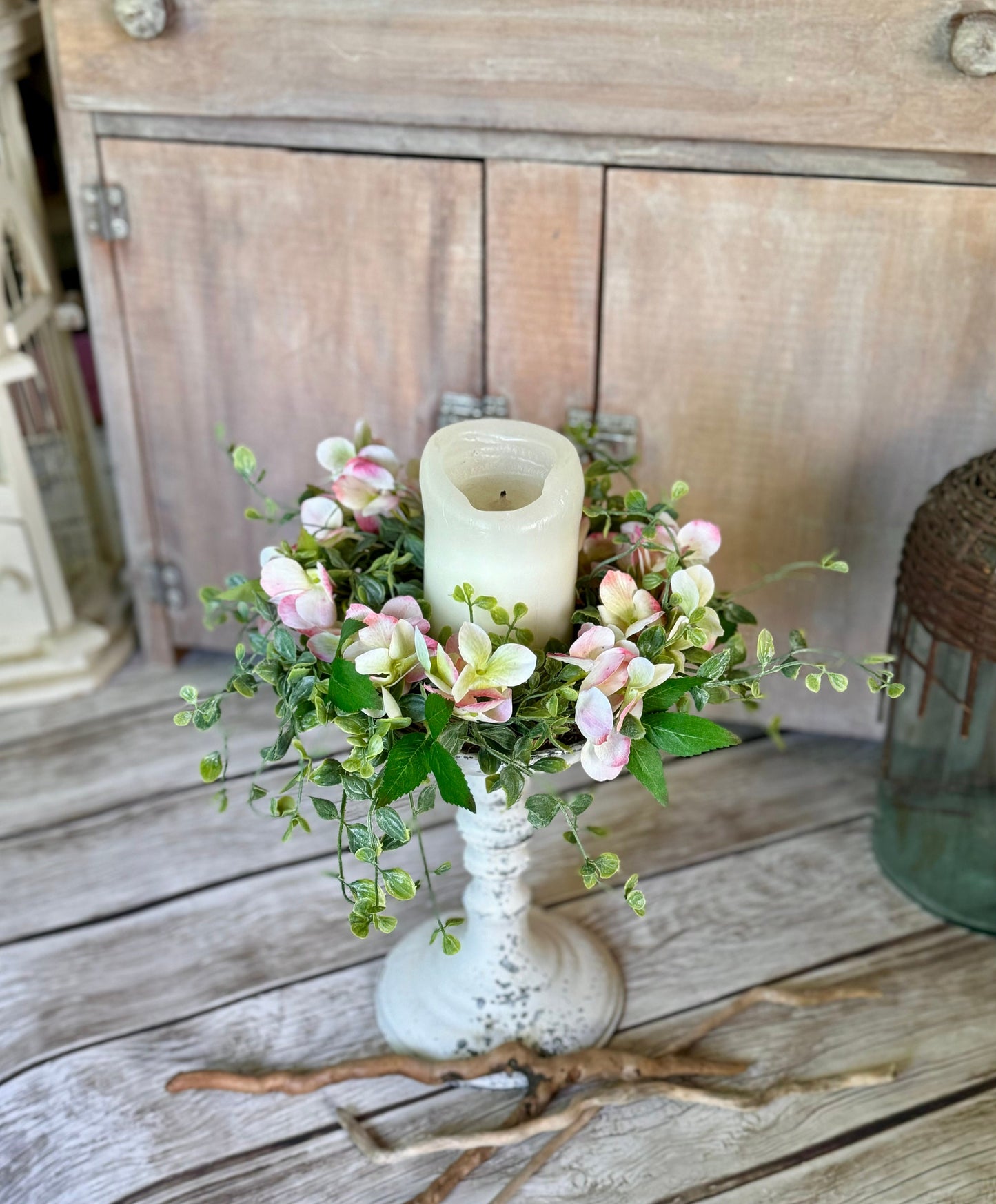 Pink Hydrangea Candle Wreath, Window Wreath, Kitchen Cabinets Wreath, Pink Hydrangea Decor, Spring Wreath Ring, Summer Candle Wreath