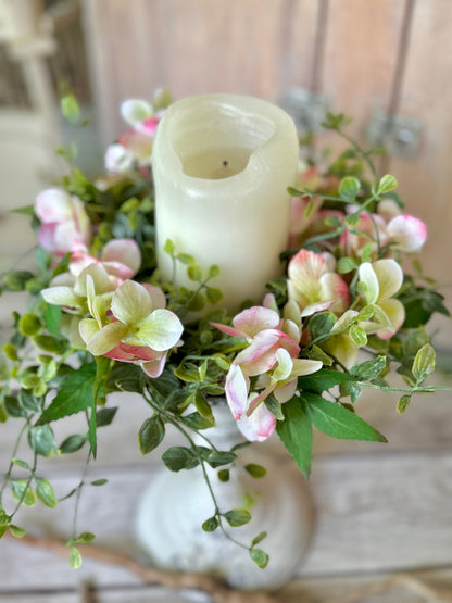 Pink Hydrangea Candle Wreath, Window Wreath, Kitchen Cabinets Wreath, Pink Hydrangea Decor, Spring Wreath Ring, Summer Candle Wreath