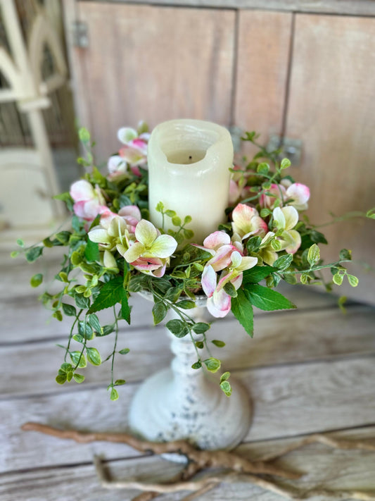 Pink Hydrangea Candle Wreath, Window Wreath, Kitchen Cabinets Wreath, Pink Hydrangea Decor, Spring Wreath Ring, Summer Candle Wreath