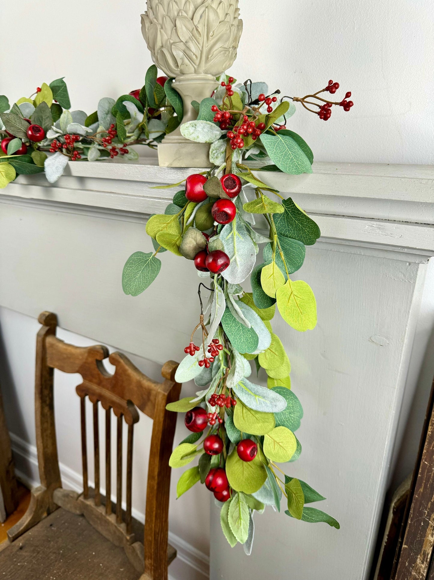 Christmas Lambs Ear Garland, Red Christmas Berry Garland, Table Garland, Kitchen Cabinets Decor, Banister Garland, Fireplace Mantle Garland