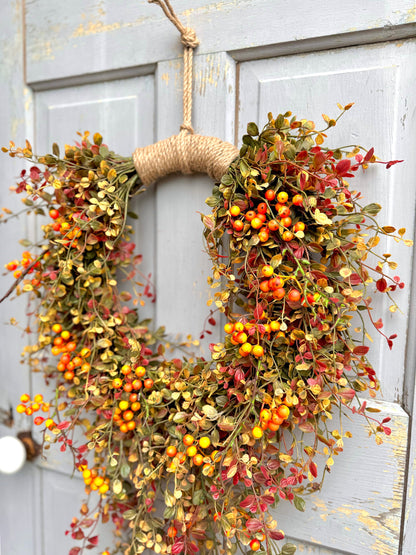 Hanging Fall Vine Wreath for Front Door, Bog Pimpernel Wreath, Autumn Wreath, Farmhouse Decor, Cascade Fall Wreath