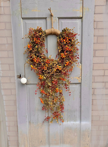 Hanging Fall Vine Wreath for Front Door, Bog Pimpernel Wreath, Autumn Wreath, Farmhouse Decor, Cascade Fall Wreath