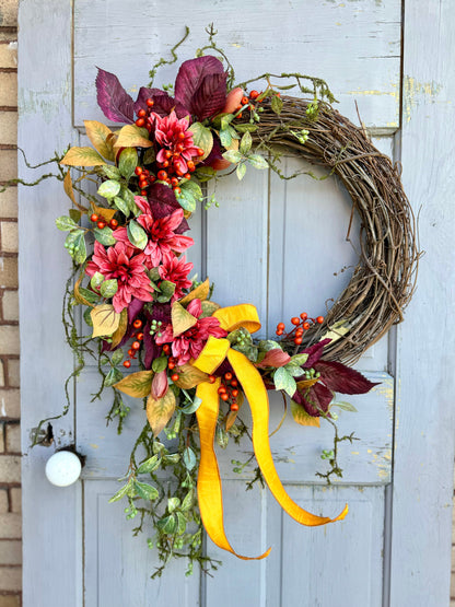 Fall Wreath for Front Door, Fall Floral Wreath, Cascade Fall Wreath, Rustic Vine Door Wreath