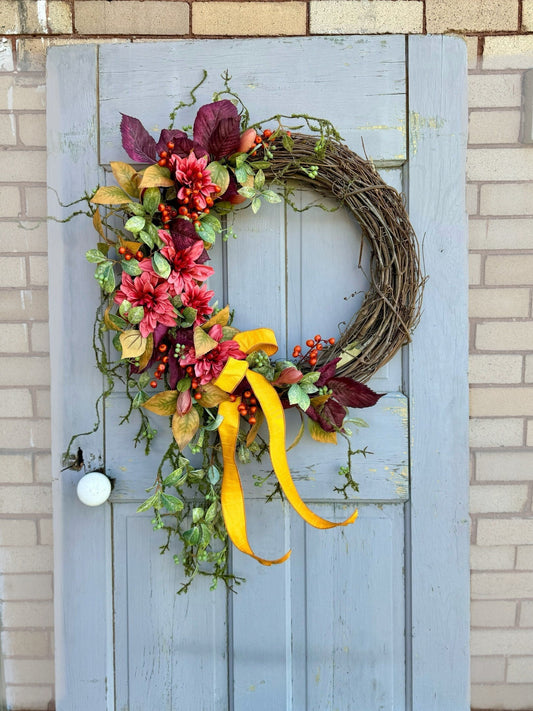 Fall Wreath for Front Door, Fall Floral Wreath, Cascade Fall Wreath, Rustic Vine Door Wreath