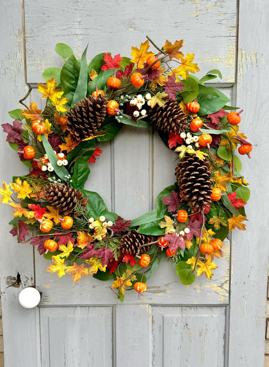 XL Fall Pumpkin Door Wreath, Fall Wreath for Front Door, Thanksgiving Harvest Decor, Cottagecore