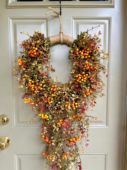 Hanging Fall Vine Wreath for Front Door, Bog Pimpernel Wreath, Autumn Wreath, Farmhouse Decor, Cascade Fall Wreath