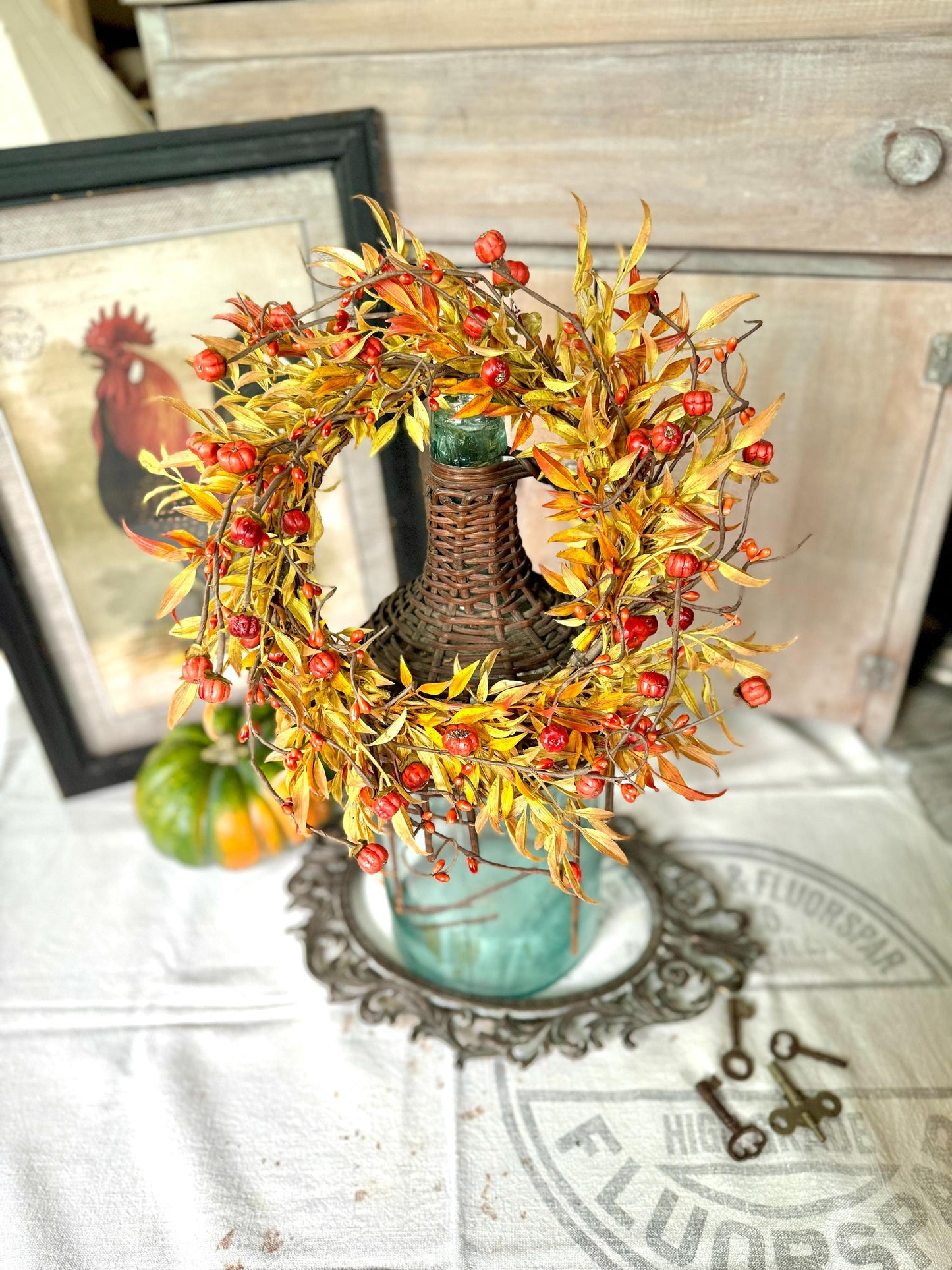 Pumpkin Berry Candle Wreath Ring, Pumpkin Decor, Harvest Table, Fall Centerpiece, Thanksgiving Table Decor