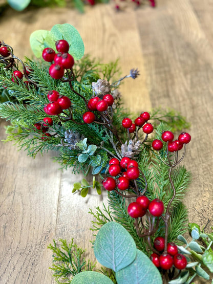 NEW! Woodland Winter Garland, Red Berry Christmas Garland, Rustic Fireplace Mantle Garland, Tablescape, Table Decor, Window Garland