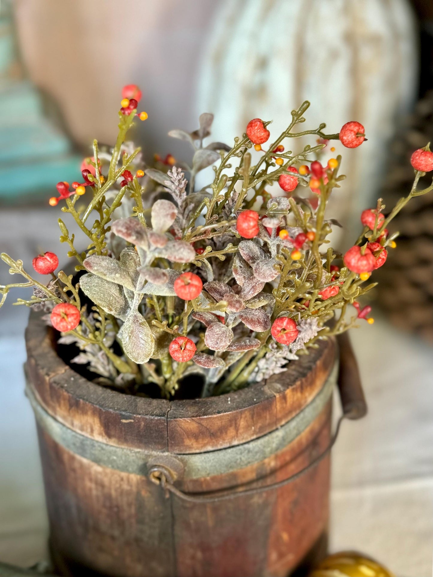 Set of 2 Fall Pumpkin Berry Bush, Fall Greenery Stem, Fall Pot Filler, Fall Eucalyptus Bush