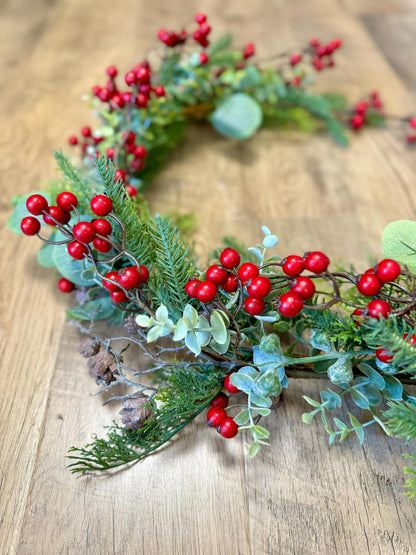 NEW! Woodland Winter Garland, Red Berry Christmas Garland, Rustic Fireplace Mantle Garland, Tablescape, Table Decor, Window Garland