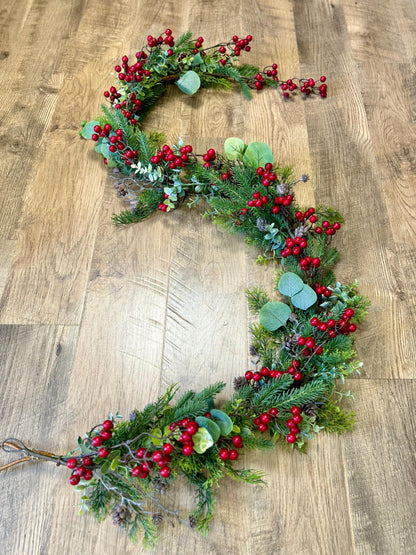 NEW! Woodland Winter Garland, Red Berry Christmas Garland, Rustic Fireplace Mantle Garland, Tablescape, Table Decor, Window Garland
