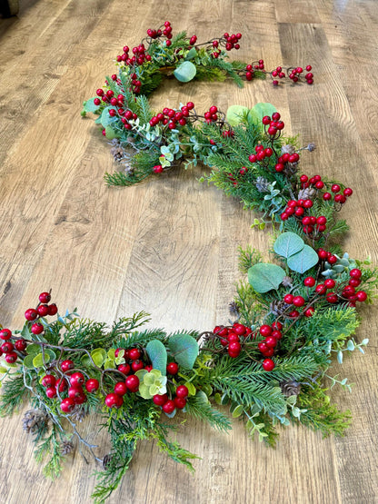NEW! Woodland Winter Garland, Red Berry Christmas Garland, Rustic Fireplace Mantle Garland, Tablescape, Table Decor, Window Garland