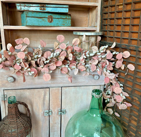 Pink Pussy Willow Garland, Pink Eucalyptus Garland for Mantle, Valentines Day Garland, Mothers Day Decor, Easter Garland