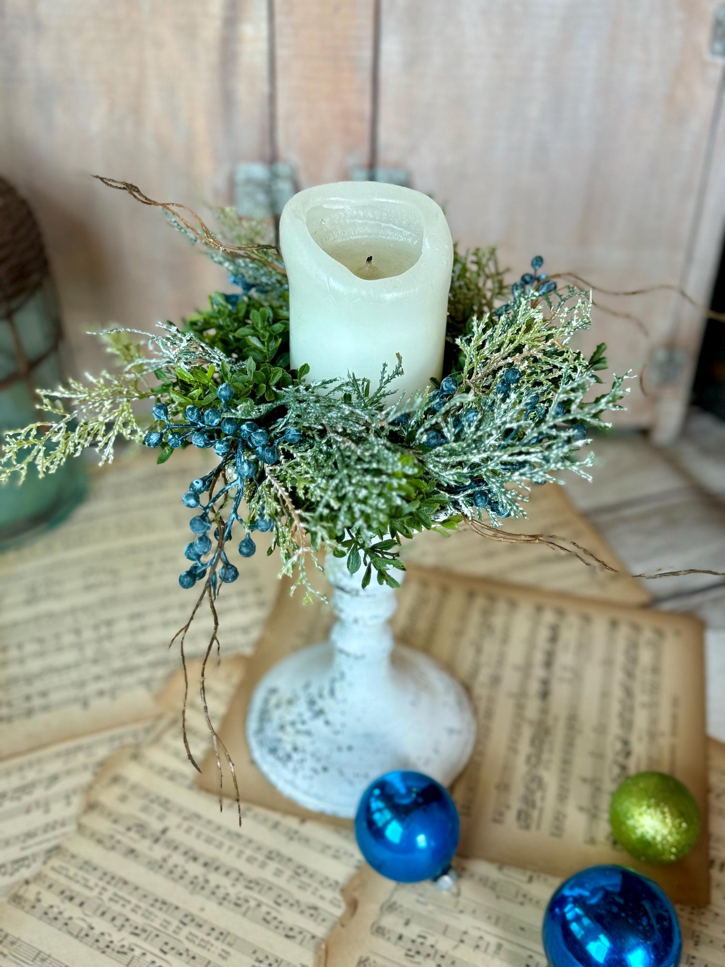 Blue Juniper Christmas Candle Wreath, Blue Candle Wreath, Blue Christmas Decor, Handmade Gift, Table Decorations, Kitchen Cabinet Wreath