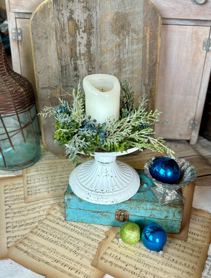 Blue Juniper Christmas Candle Wreath, Blue Candle Wreath, Blue Christmas Decor, Handmade Gift, Table Decorations, Kitchen Cabinet Wreath