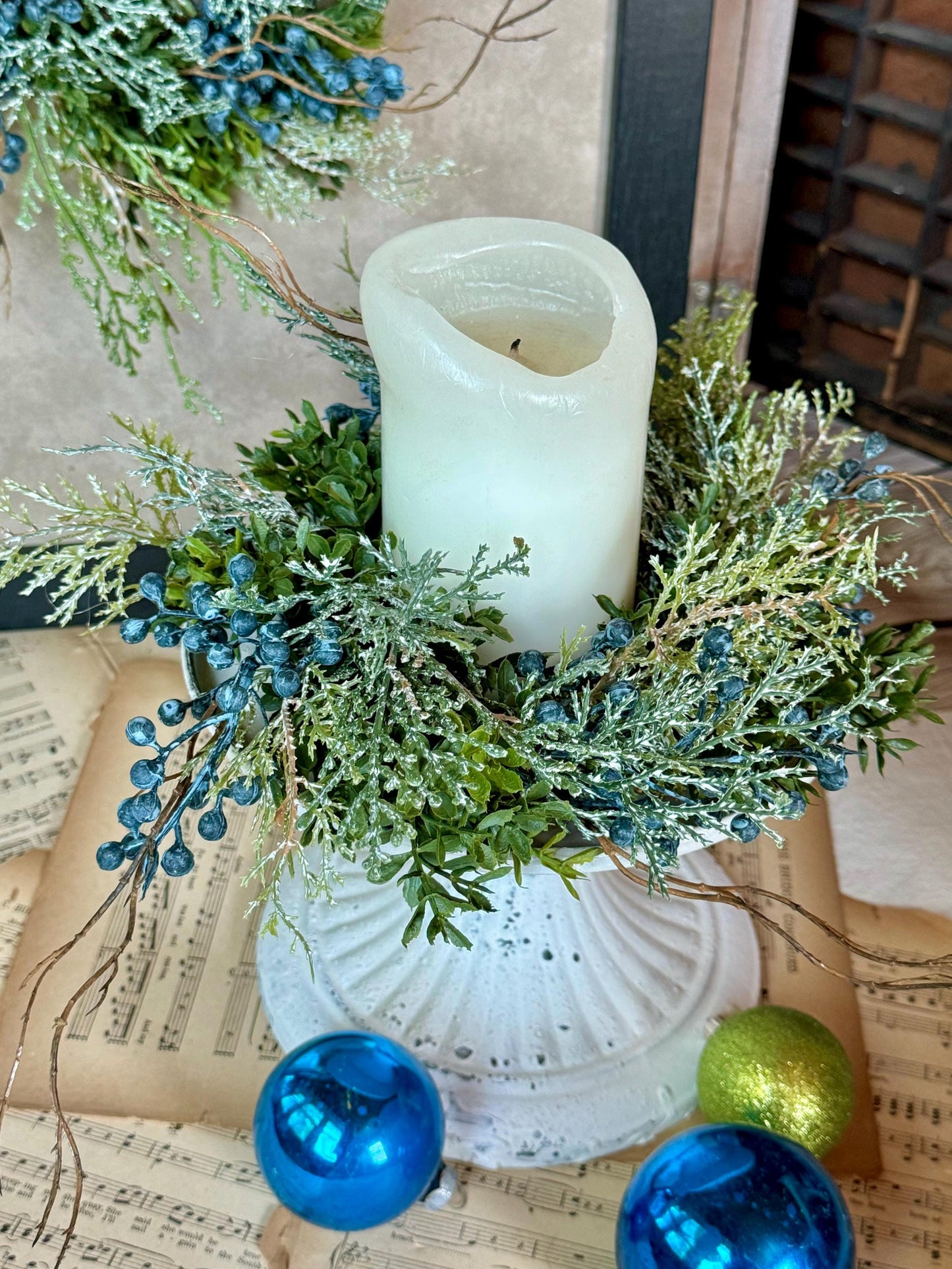 Blue Juniper Christmas Candle Wreath, Blue Candle Wreath, Blue Christmas Decor, Handmade Gift, Table Decorations, Kitchen Cabinet Wreath