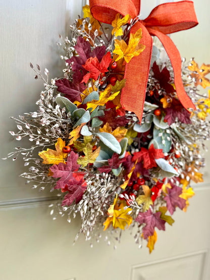 Fall Leaf Wreath, Pumpkin Candle Wreath, Autumn Pumpkin Wreath, Thanksgiving Table, Apartment Door Decor, Kitchen Cabinet Wreath