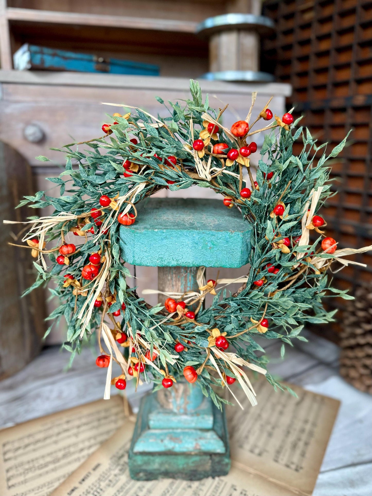 Fall Pumpkin Berry Wreath, Farmhouse Accent, Harvest Decor, Fall Candle Ring, Thanksgiving Table