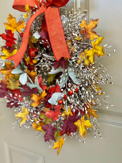 Fall Leaf Wreath, Pumpkin Candle Wreath, Autumn Pumpkin Wreath, Thanksgiving Table, Apartment Door Decor, Kitchen Cabinet Wreath