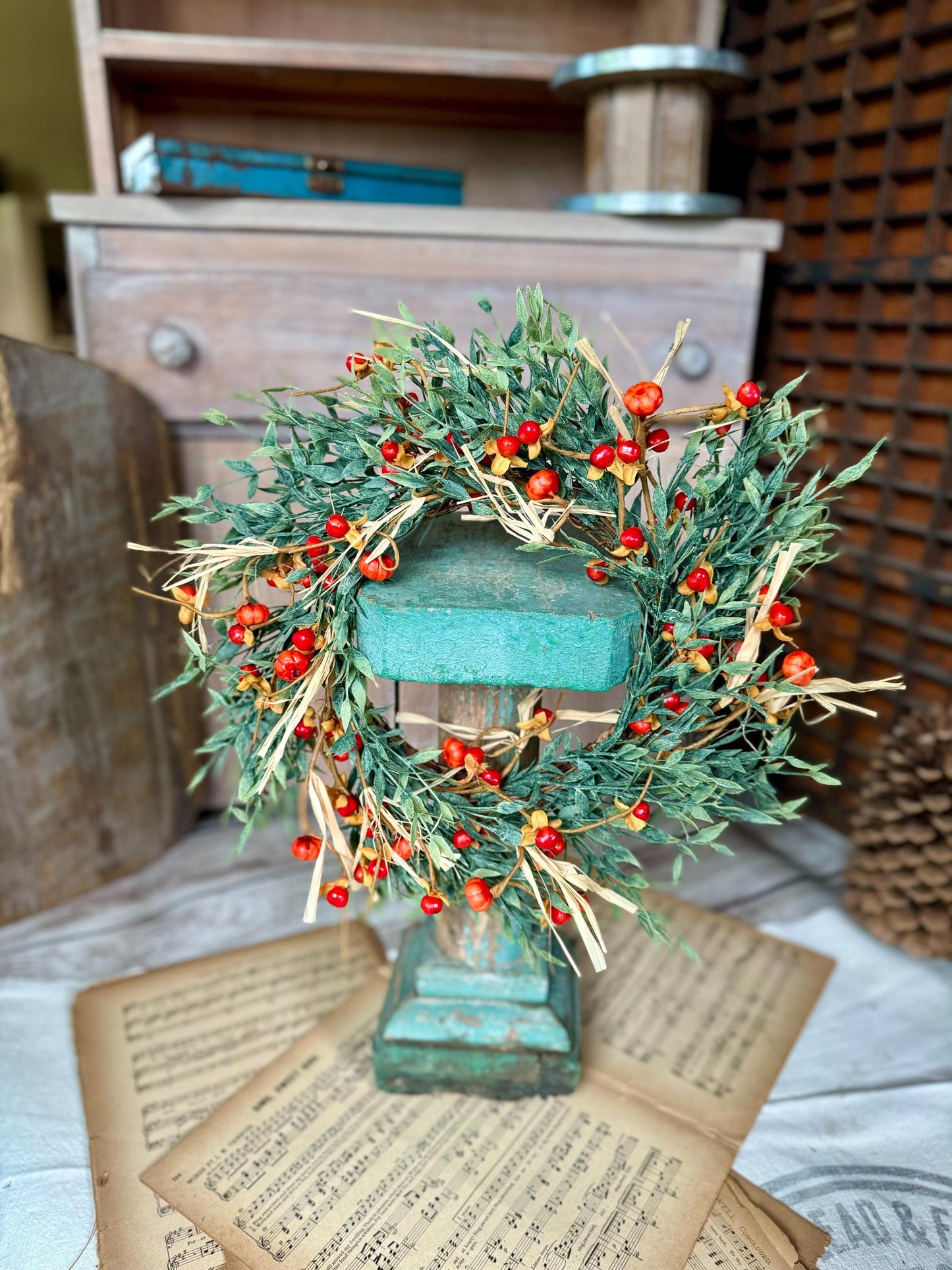 Fall Pumpkin Berry Wreath, Farmhouse Accent, Harvest Decor, Fall Candle Ring, Thanksgiving Table