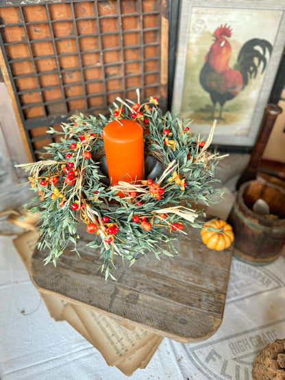 Fall Pumpkin Berry Wreath, Farmhouse Accent, Harvest Decor, Fall Candle Ring, Thanksgiving Table