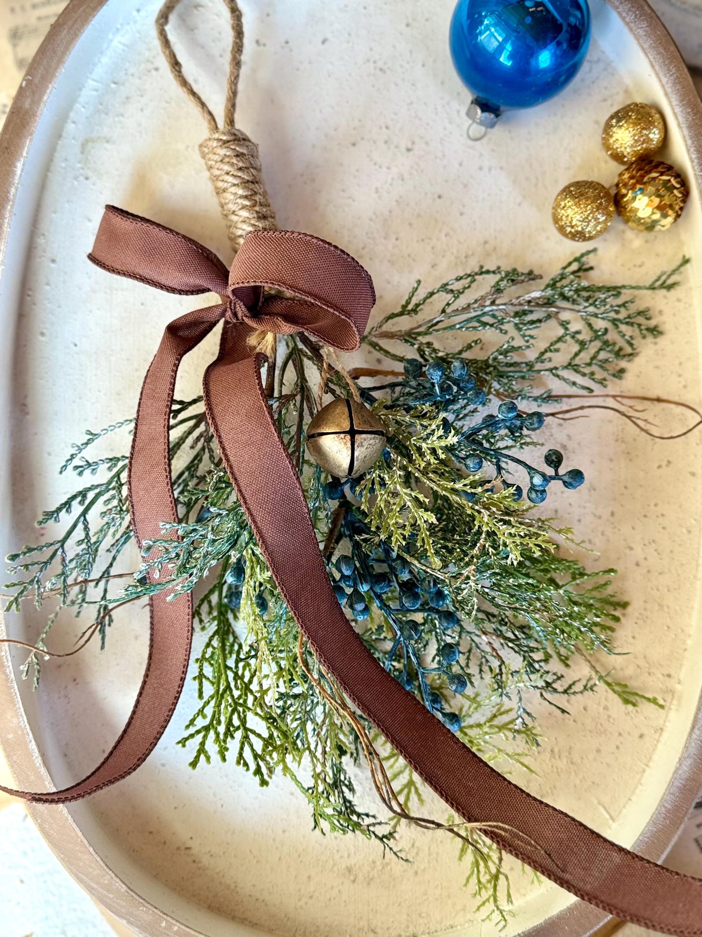 Mini Blue Juniper Swag, Winter Blue Juniper Chair Back Decor, Blue Mistletoe, Juniper Pine Swag, Kitchen Cabinet Decor
