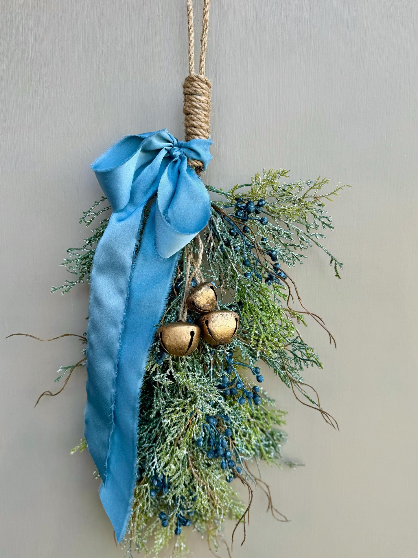Blue Juniper Swag with Bells, Winter Blue Juniper Chair Back Decor, Blue Mistletoe, Juniper Pine Swag, Kitchen Cabinet Decor