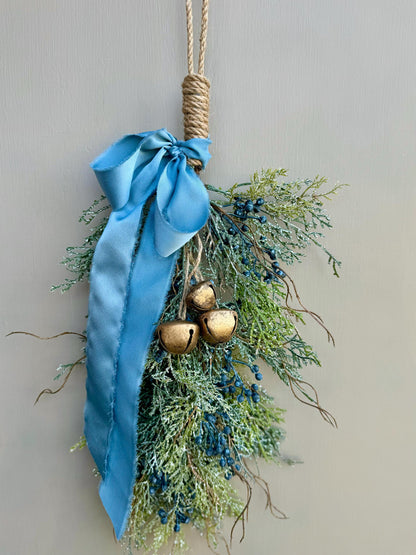 Blue Juniper Swag with Bells, Winter Blue Juniper Chair Back Decor, Blue Mistletoe, Juniper Pine Swag, Kitchen Cabinet Decor