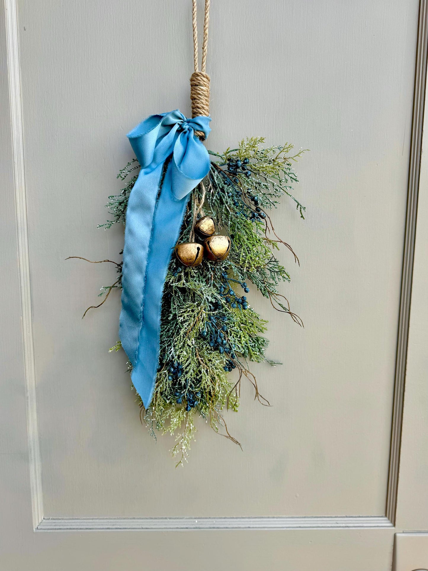 Blue Juniper Swag with Bells, Winter Blue Juniper Chair Back Decor, Blue Mistletoe, Juniper Pine Swag, Kitchen Cabinet Decor
