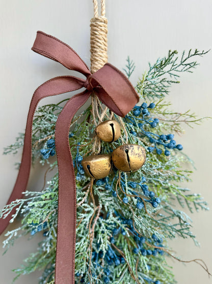 Blue Juniper Swag with Bells, Winter Blue Juniper Chair Back Decor, Blue Mistletoe, Juniper Pine Swag, Kitchen Cabinet Decor