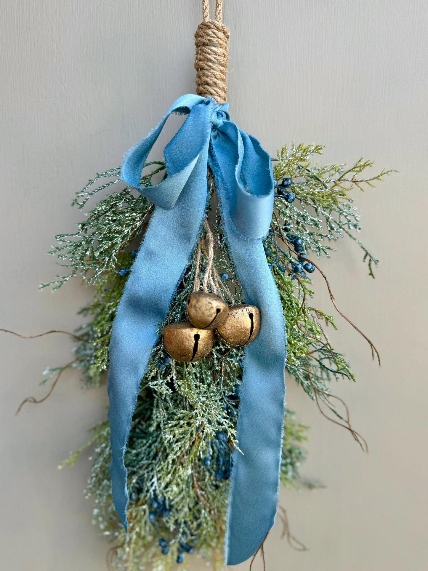 Blue Juniper Swag with Bells, Winter Blue Juniper Chair Back Decor, Blue Mistletoe, Juniper Pine Swag, Kitchen Cabinet Decor