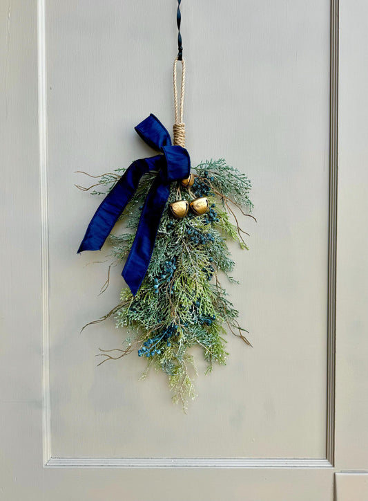 Blue Juniper Swag with Bells, Winter Blue Juniper Chair Back Decor, Blue Mistletoe, Juniper Pine Swag, Kitchen Cabinet Decor