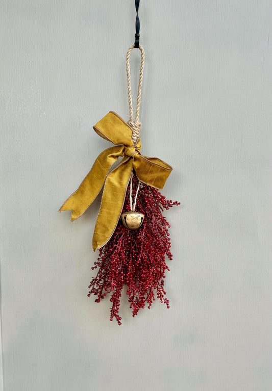 Luxe Burgundy Gold Christmas Swag with Bells, Mini Lantern Swag, Kitchen Cabinet Decor, Cranberry Maroon Gold Christmas Decor
