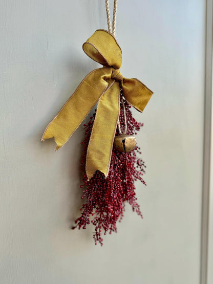 Luxe Burgundy Gold Christmas Swag with Bells, Mini Lantern Swag, Kitchen Cabinet Decor, Cranberry Maroon Gold Christmas Decor