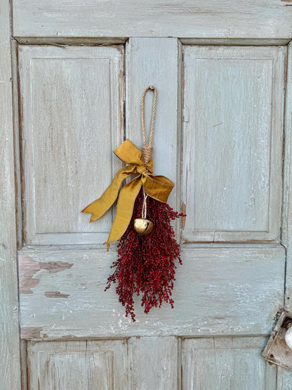 Luxe Burgundy Gold Christmas Swag with Bells, Mini Lantern Swag, Kitchen Cabinet Decor, Cranberry Maroon Gold Christmas Decor