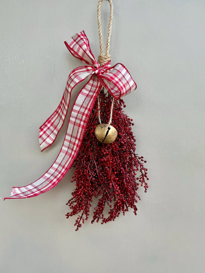 Luxe Burgundy Gold Christmas Swag with Bells, Mini Lantern Swag, Kitchen Cabinet Decor, Cranberry Maroon Gold Christmas Decor