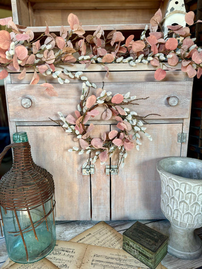 NEW 2025 Mini Pussy Willow Wreath, Pink Candle Wreath, Valentines Day Wreath, Pink Mothers Day Gift, Window Wreath, Mini Wreath