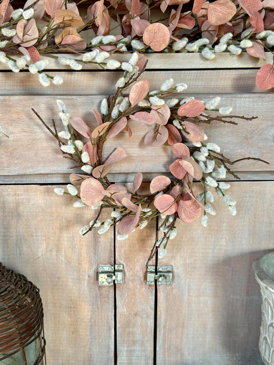 NEW 2025 Mini Pussy Willow Wreath, Pink Candle Wreath, Valentines Day Wreath, Pink Mothers Day Gift, Window Wreath, Mini Wreath