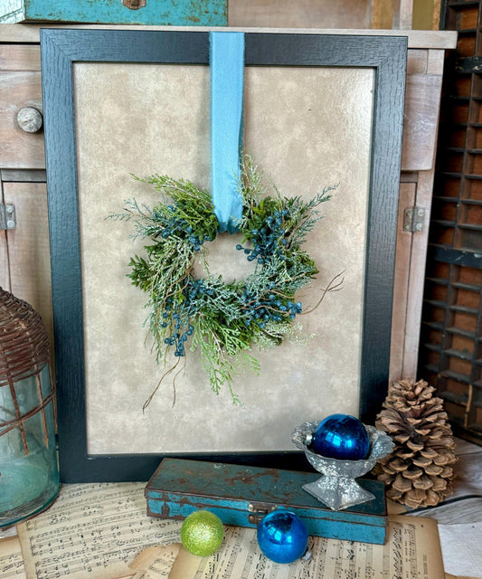 Blue Juniper Kitchen Cabinet Wreath, Blue Winter Candle Wreath, Blue Christmas Decor, Handmade Gift, Table Decorations