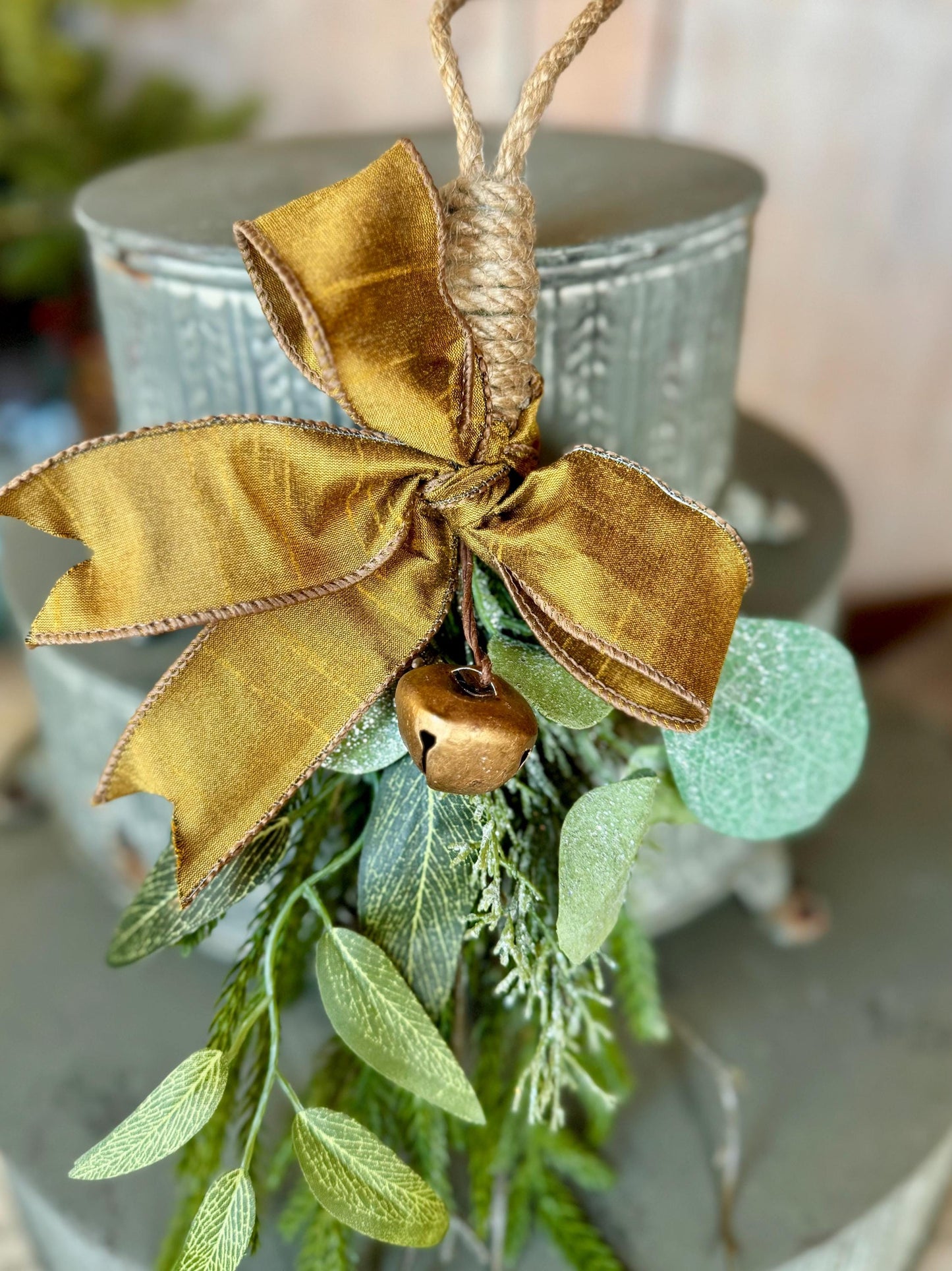 Luxe Gold Mini Christmas Swag with Bells, Mini Lantern Swag, Kitchen Cabinet Decor