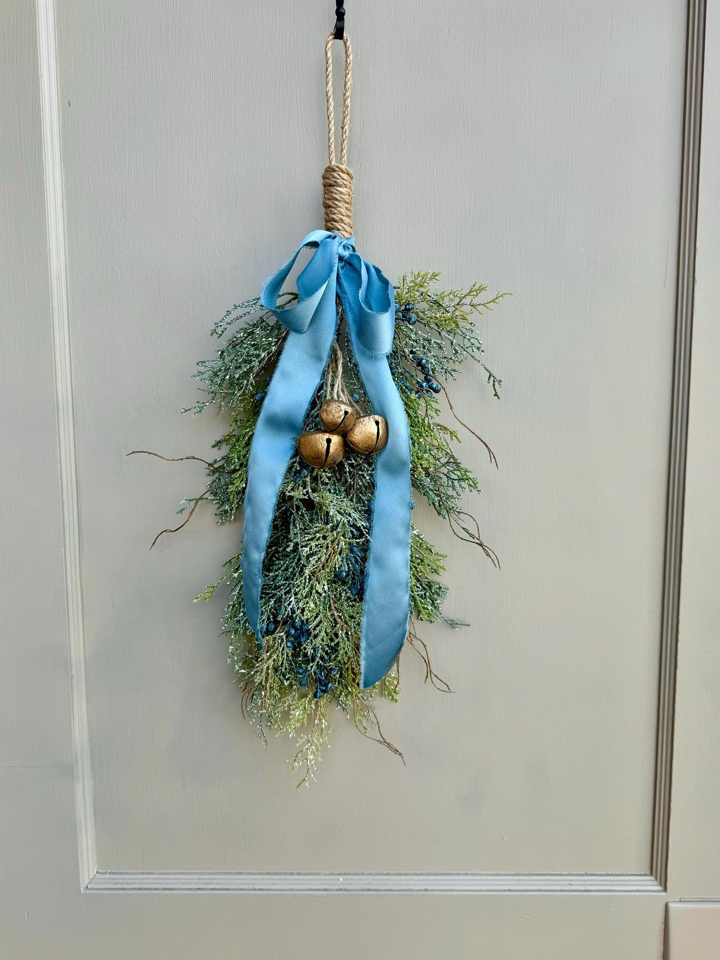 Blue Juniper Swag with Bells, Winter Blue Juniper Chair Back Decor, Blue Mistletoe, Juniper Pine Swag, Kitchen Cabinet Decor