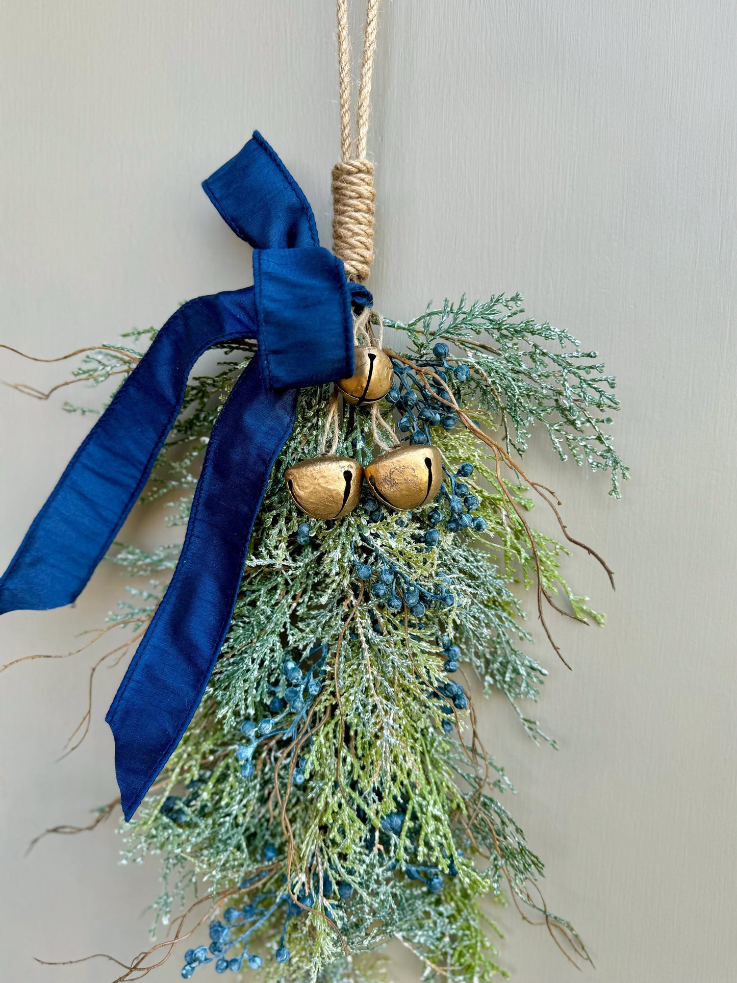 Blue Juniper Swag with Bells, Winter Blue Juniper Chair Back Decor, Blue Mistletoe, Juniper Pine Swag, Kitchen Cabinet Decor