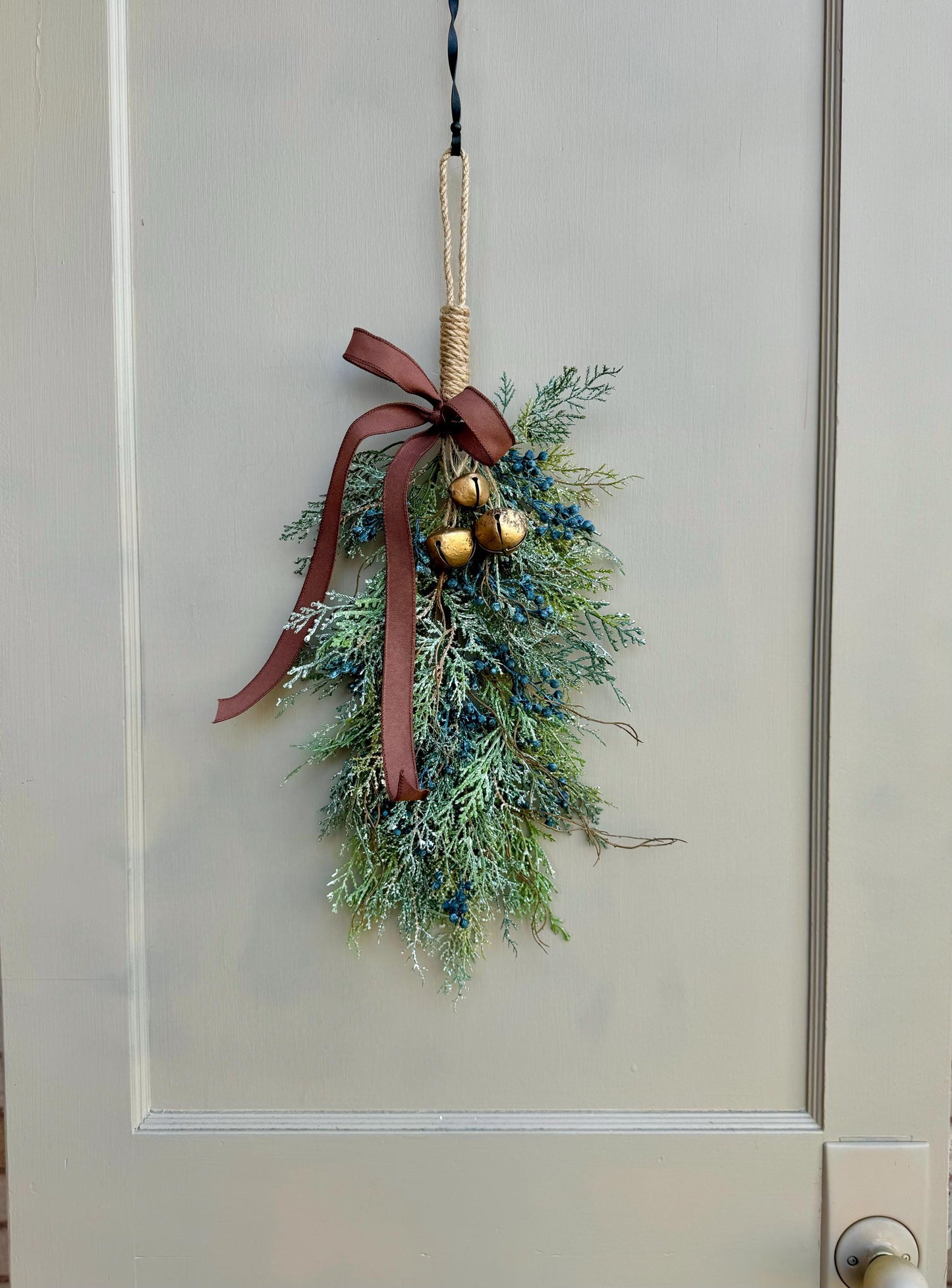Blue Juniper Swag with Bells, Winter Blue Juniper Chair Back Decor, Blue Mistletoe, Juniper Pine Swag, Kitchen Cabinet Decor