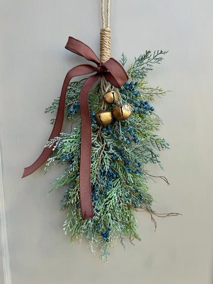 Blue Juniper Swag with Bells, Winter Blue Juniper Chair Back Decor, Blue Mistletoe, Juniper Pine Swag, Kitchen Cabinet Decor