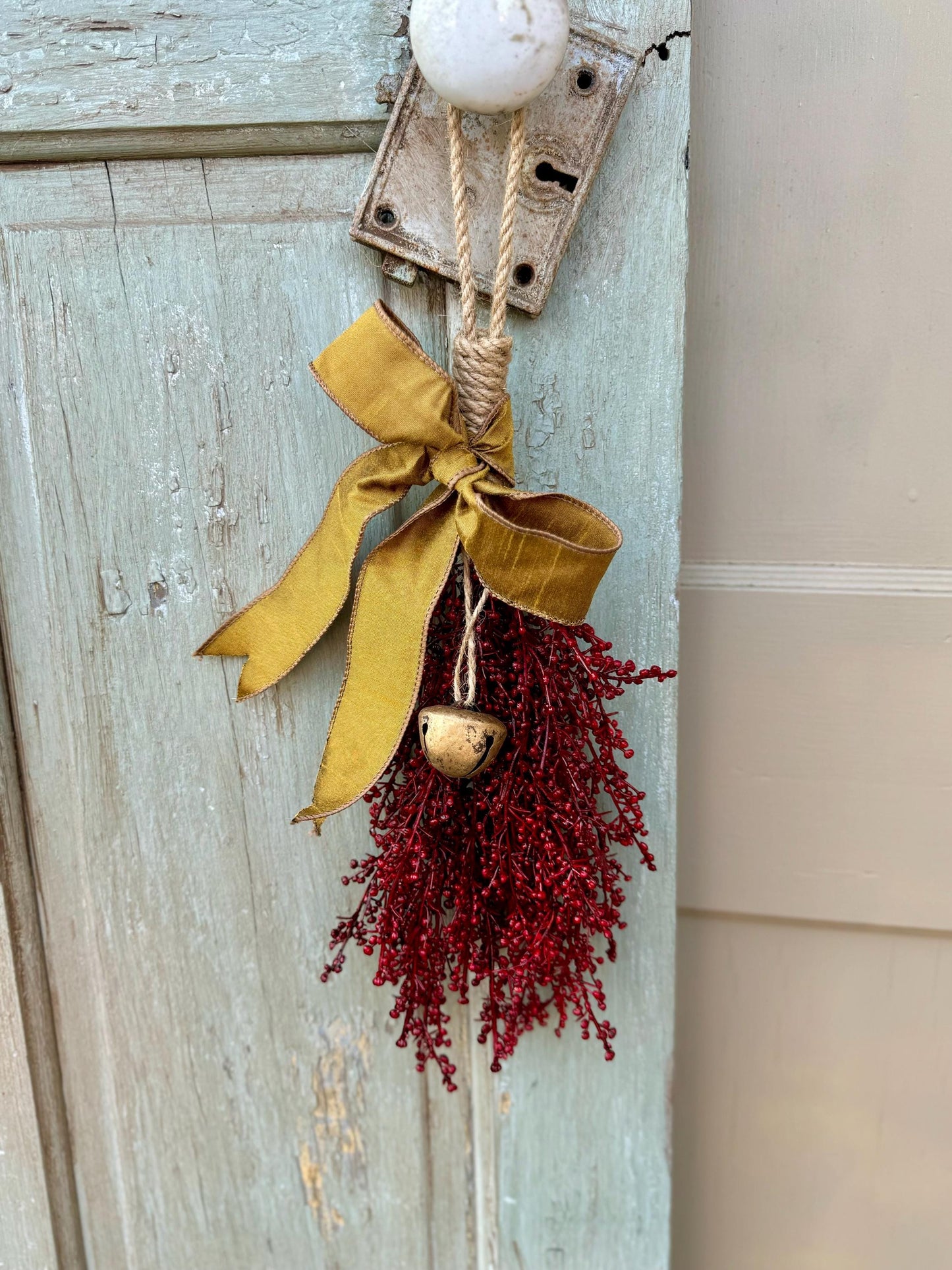 Luxe Burgundy Gold Christmas Swag with Bells, Mini Lantern Swag, Kitchen Cabinet Decor, Cranberry Maroon Gold Christmas Decor