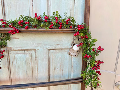 Christmas Boxwood Berry Garland, Christmas Garland, Fireplace Mantle Decor, Kitchen Cabinets Decorations, Tablescape, Dining Room Table