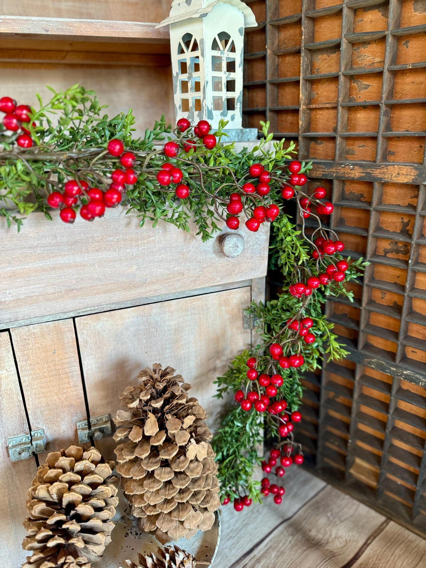 Christmas Boxwood Berry Garland, Christmas Garland, Fireplace Mantle Decor, Kitchen Cabinets Decorations, Tablescape, Dining Room Table